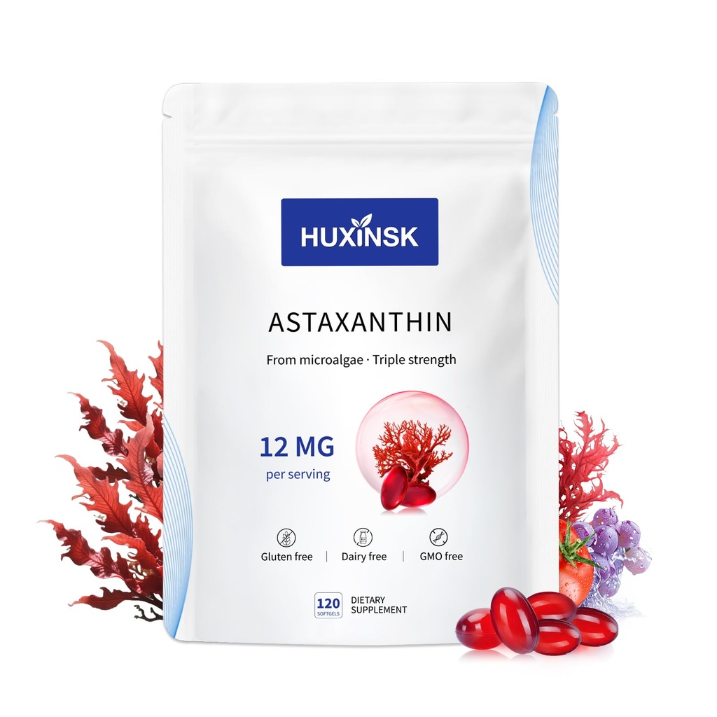 Astaxanthin 12mg Supplements, 120 Softgel, Max Strength Astaxanthin Antioxidant Supplements Form Fresh Microalgae, 4 Month Supply, Supports Eye, Skin, Joint, Brain, Heart & Immune System Health, 1 Bag