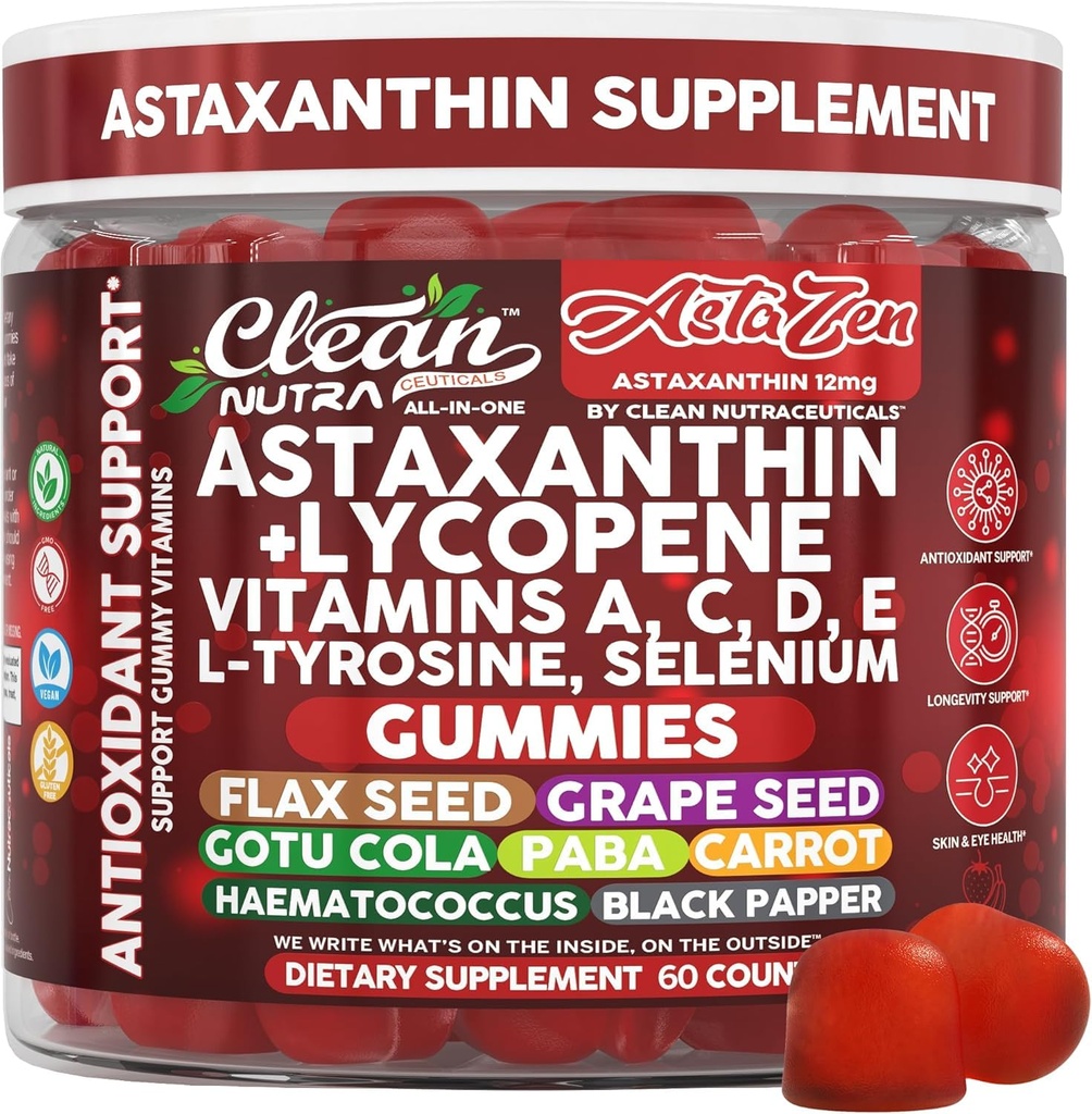 Clean Nutraceuticals AstaZen Astaxanthin Gummies 12mg - with Lycopene, Vitamins A C D E, L-Tyrosine & Selenium - Antioxidant Support Gummies - 60 Count