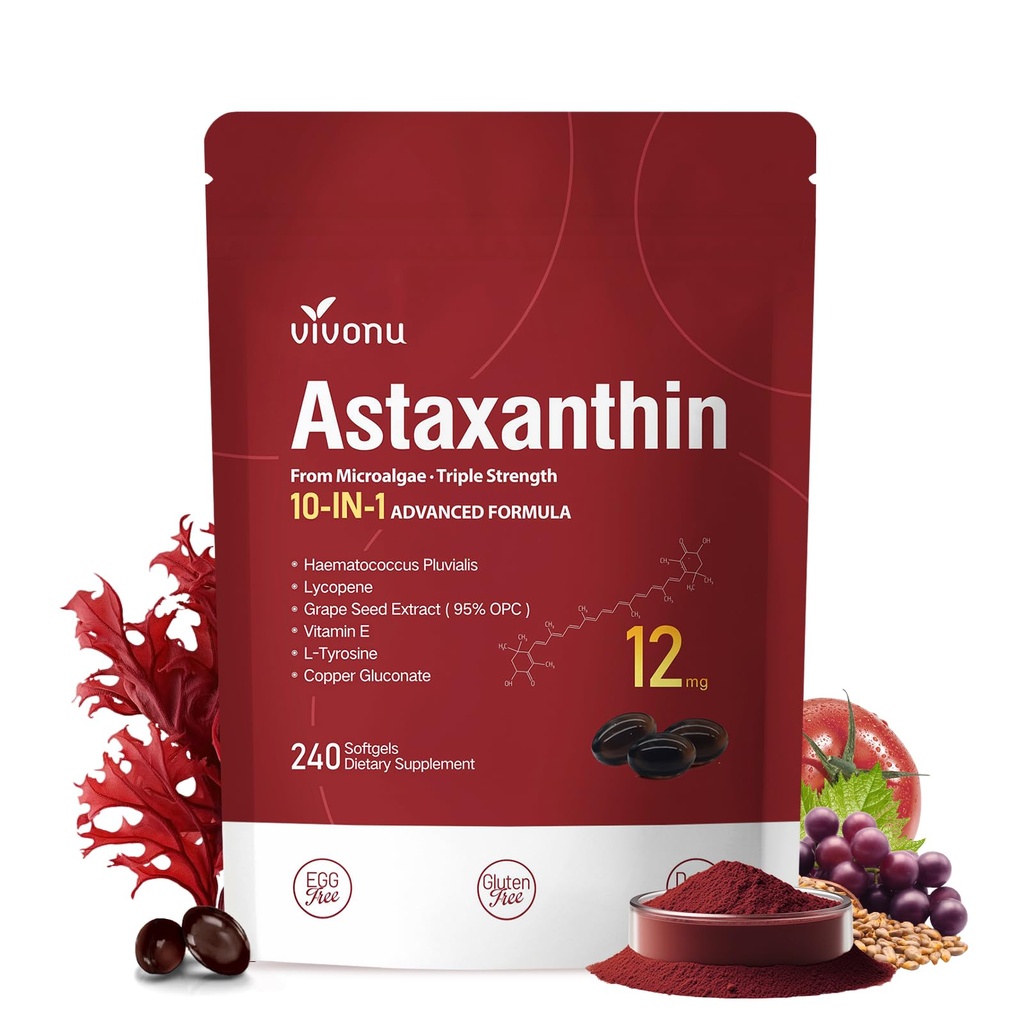 PHNu Astaxanthin 12 mg Supplements, 240 Softgels, Fresh Haematococcus Pluvialis 10 1 Astaxanthin Antioksi Supplements, Supports Eye, Skin, Joint, Brain, Heart & Immune System Health