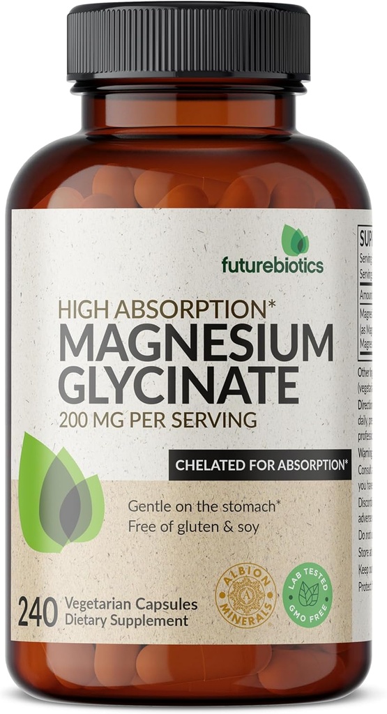 Futurebiyotiks Magnezyum Glycinate 200 MG, High Abors için Chelated, Gentle On Stomach, Non-GMO, 240 Vegetarian Capsules