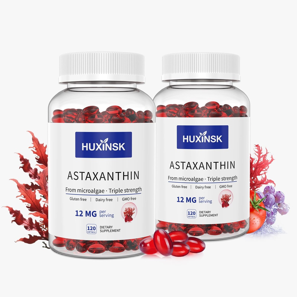 Astaxanthin 12 mg Supplements, 120 Softgel, Max Strength Astaxanthin Antioksi Supplements, Fresh Microalgae, 4 Ay Supply, 2 Şişes