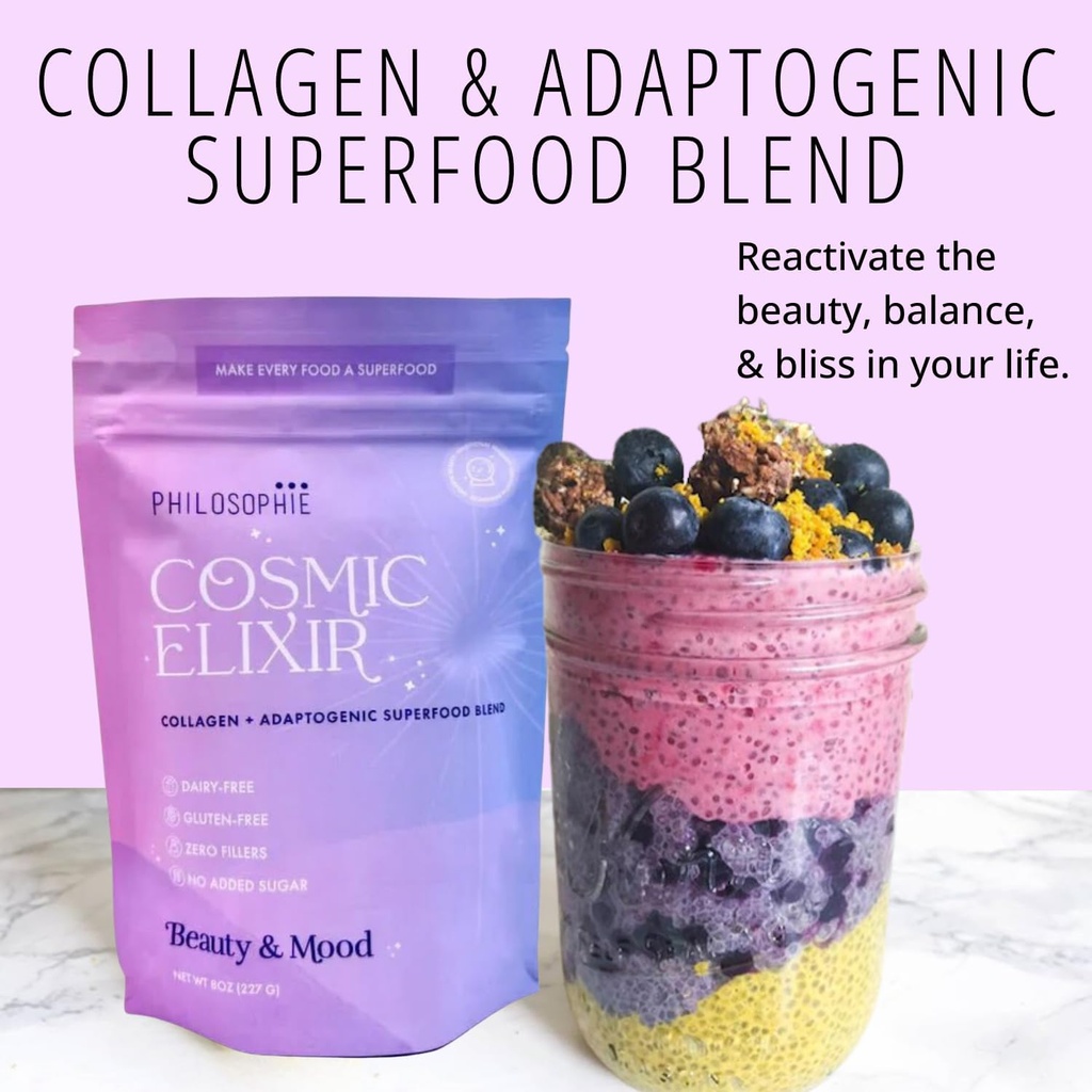 Philosophie Cosmic Elixir Collagen Superfood Blend με Adaptogens – Βιολογική & Μη γλυκαντική σκόνη για την υγεία των ούλων, την ισορροπία ορμονών, την κοινή υποστήριξη & τη ζωτικότητα του δέρματος – 32 υπηρεσίες