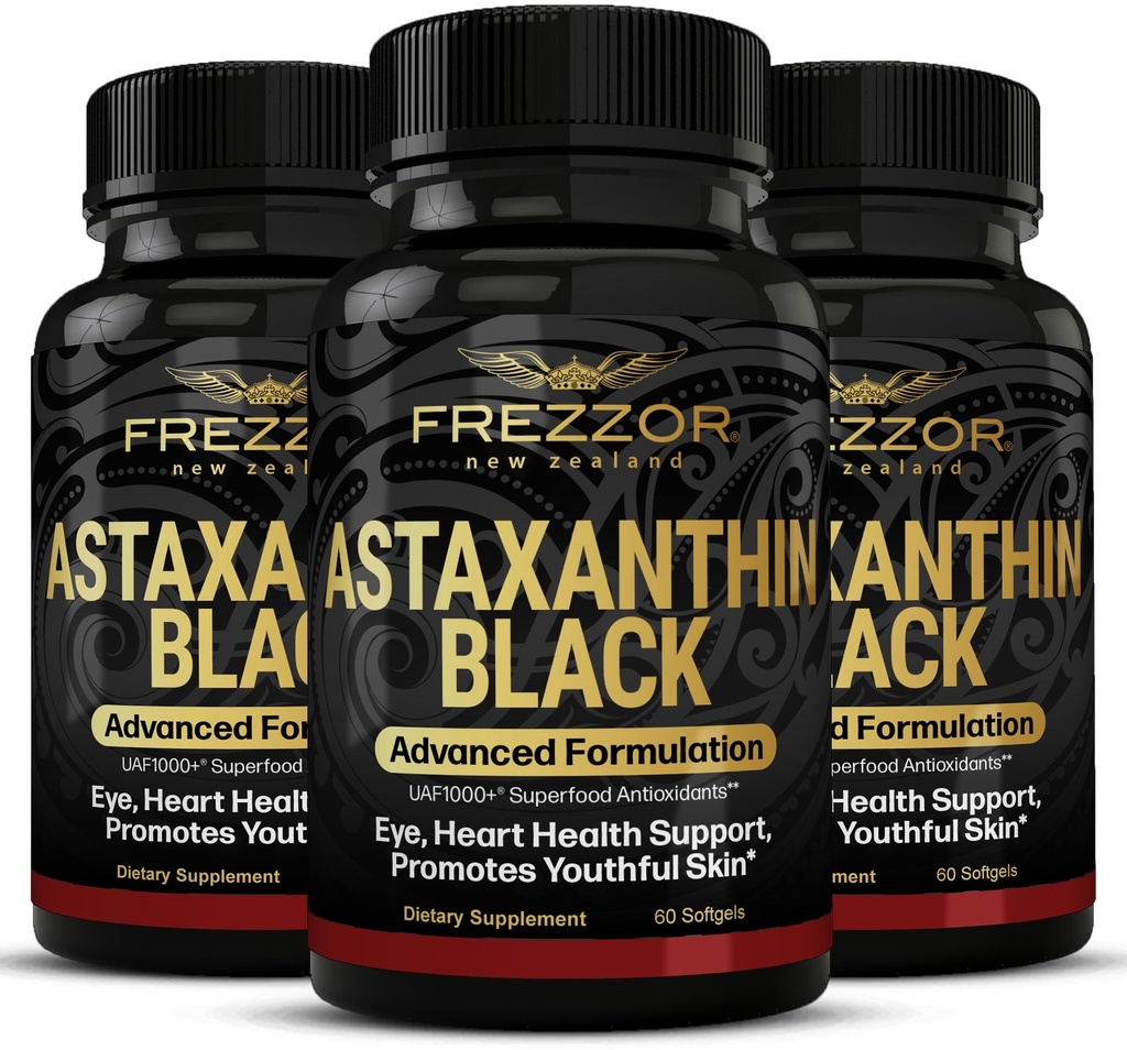 FREZZOR Astaxanthin Black, UAF1000+ Super Antioksi, Supports Heart, Eye & Brain Health, Anti-Aging Skincare & Cellular Protection, 12 mg Astaxanthin per Serve, 180 Softgels, 3 Ay Supply