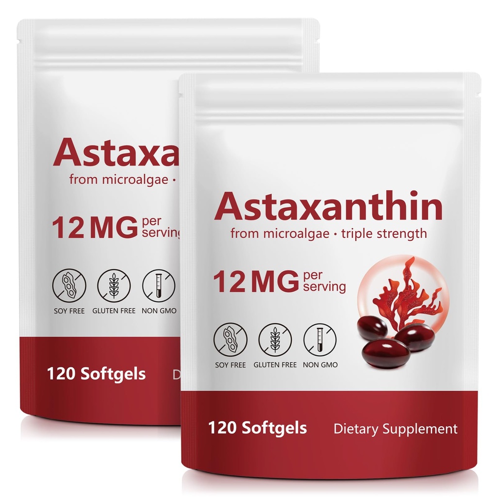 Astaxanthin 12mg, 120 Softgels, (2Pack)Premium Astaxanthin Antioxidant Supplements with Antioxidant Activity, Supports Eye, Skin, Joint & Immune System Health, Fresh Microalgae Source, Non-GMO