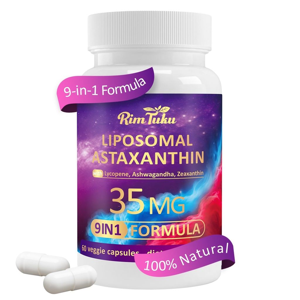 Liposomal Astaxanthin Supplement Complex 9-in-1 with Ashwagandha, Lycopene, Zeaxanthin, Antioxidant Supplement Support Eye, Skin & Joint Health, 60 Capsules