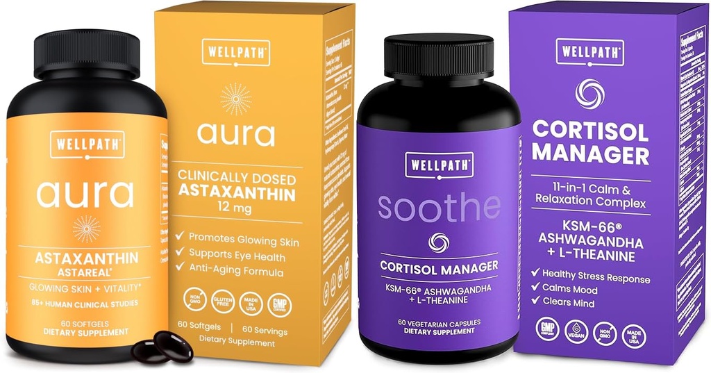 WellPath Astaxanthin 12mg – Natural Astaxanthin Supplements from Microalgae – Antioxidants with Micro Ingredients and Soothe Cortisol Manager - Cortisol Supplements for Women with KSM-66® Ashwagandha