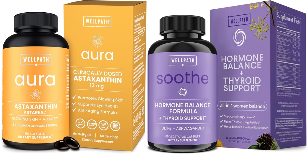 WellPath Astaxanthin 12 mg – Doğal Astaxanthin Microalgae ve Soothe Hormon Dengesi Kadınlar için + Cortisol Supplements | Tiroid Desteği, Mood Destek