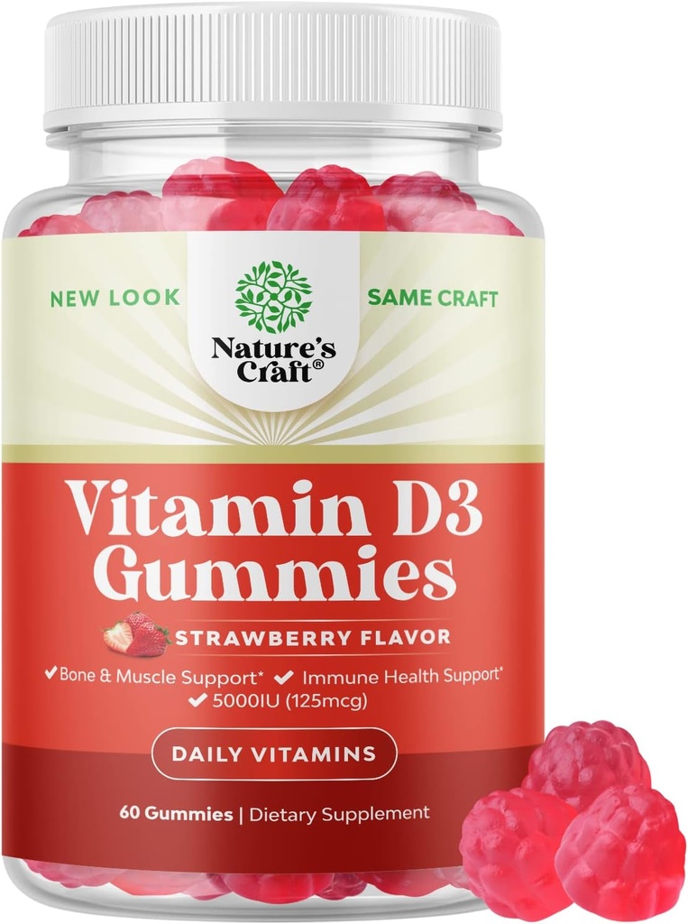 Vegan Vitamin D3 Gummies for Adults - Βιταμίνη D3 5000 IU Φυσικές Gummy Βιταμίνες για άνδρες και γυναίκες Κοινή Ανοσία Υποστήριξη Plus Δόντια - Ζελατίνη Δωρεάν Μη ΓΤΟ Νόστιμη Γεύση Φράουλας