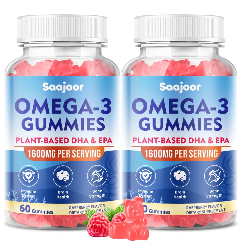 2 Pack Vegan Omega-3 Gummies1000mg for Adults - Sugar Free Supplement with 400mg DHA & 600mg EPA, Vitamins A, C, E, and Zinc - 120 Count