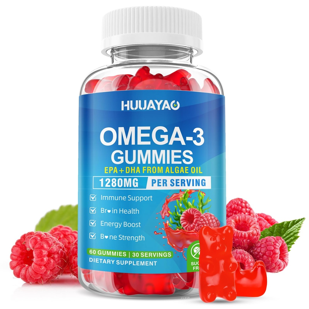 Vegan Omega-3 Gummies 1028 mg, Omega 3 Fish Oil Alternative for Yetişkinler w/EPA 400 mg & DHA 600 mg & Vitamin A, C, E Supports Brain, Eye & Immune Health, Sugar Free, Raspberry Flavor, 60 Count