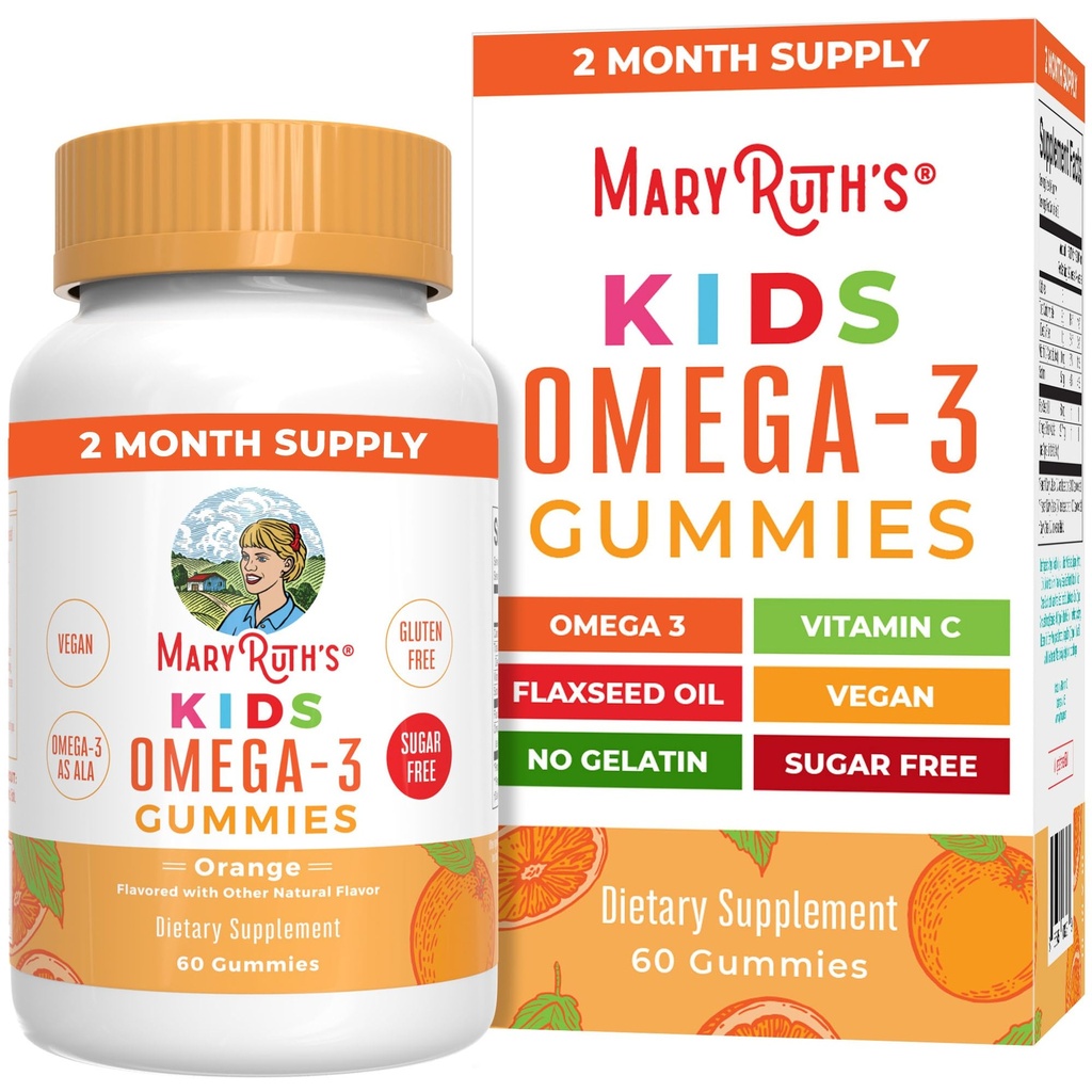 MARYRUTH'S Vegan Omega 3 Gummies for Kids 2+, 2 Ay Supply, Sugar Free, Omega 3 Supplement with Vitamin C, Flaxseed Oil, Immune Support, Essential Nutrient ALA, No Fish, 60 Count