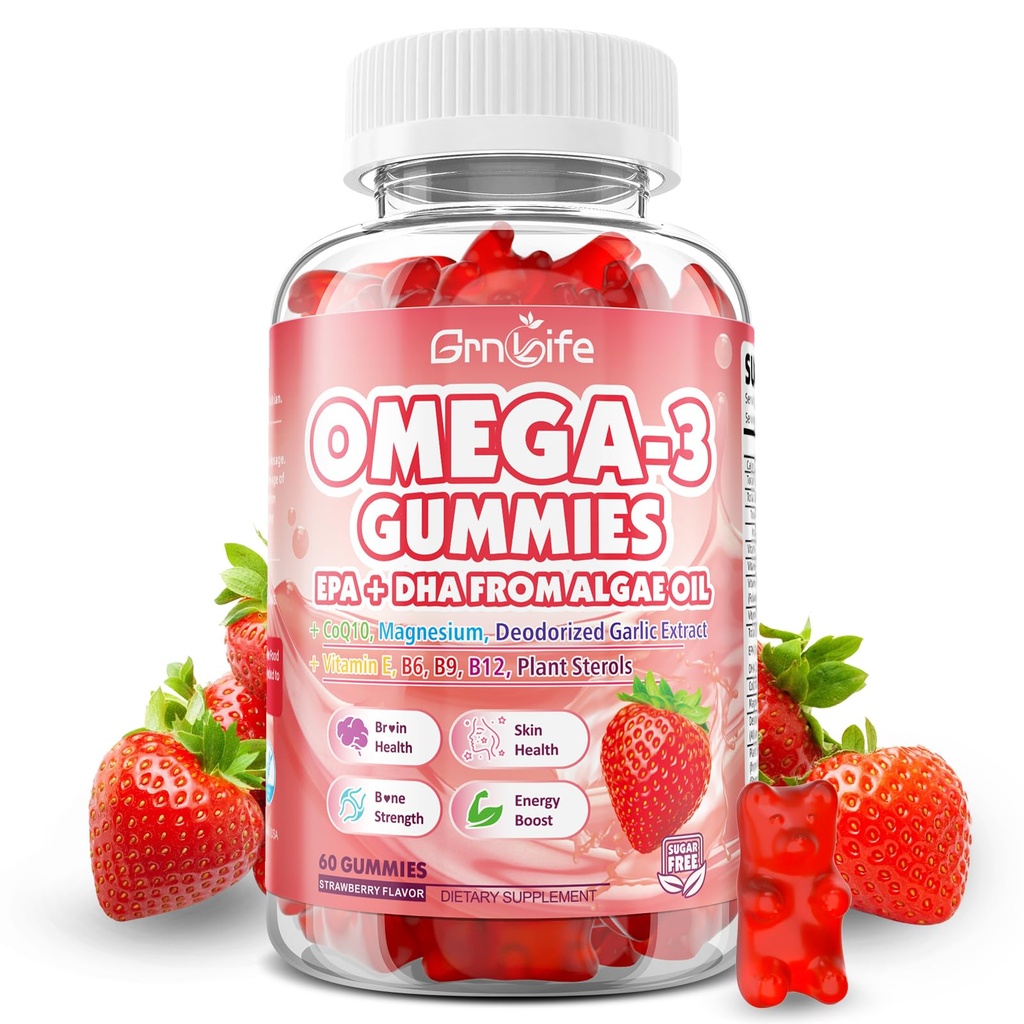 Vegan Omega 3 Gummies 1000 mg + CoQ10 + Magnezyum - w/Algae EPA 600 mg & DHA 400 mg, Fish Oil Omega-3 Supplements Alternative for Yetişkinler, for Brain, Eye, Immune Health, Strawberry Flavor, 60