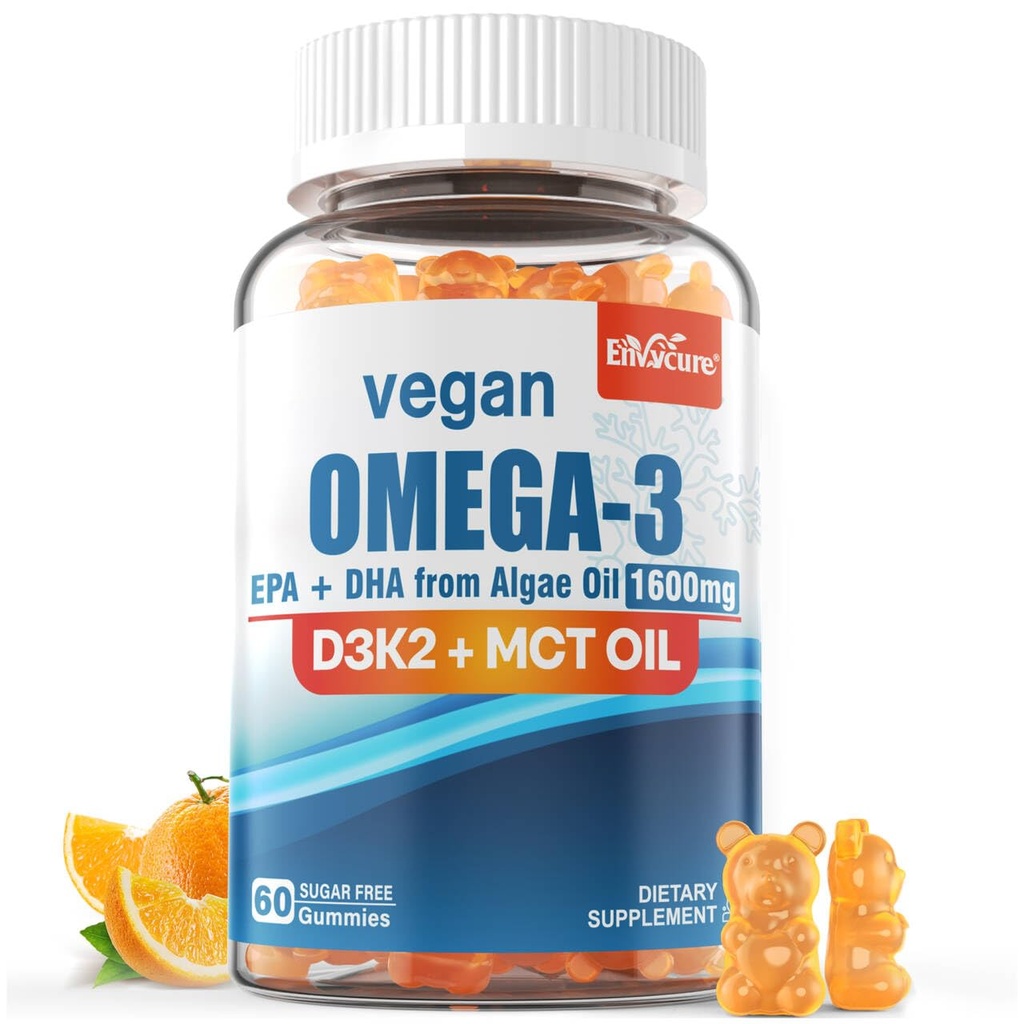 Vegan Omega 3 Gummies 1280 mg + Vitamin D3 K2 (MK7), Omega 3 Fish Oil Alternative for Yetişkinler, w/Algae EPA 600 mg & DHA 400 mg, MCT Oil - No Fish Taste - for Brain, Eye, Immune Health, Sugar Free, 1 Pack