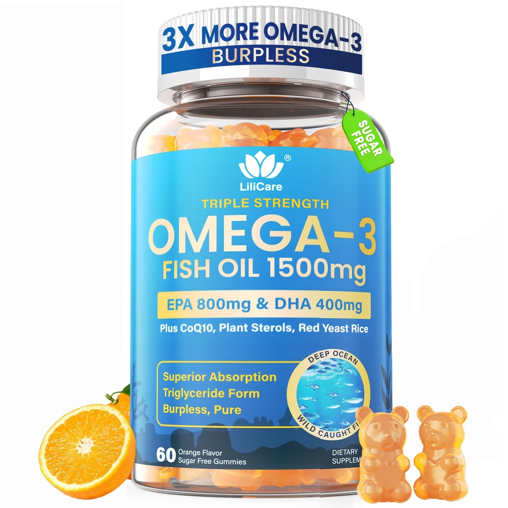Fish Oil Omega 3 Gummies 1500mg for Adults - Triple Strength with EPA & DHA, COQ10, Red Yeast Rice - Wild Caught Omega 3 Fatty Acids Supplements for Hḙar-t & Brain - Sugar Free, Burpless, 60 Count