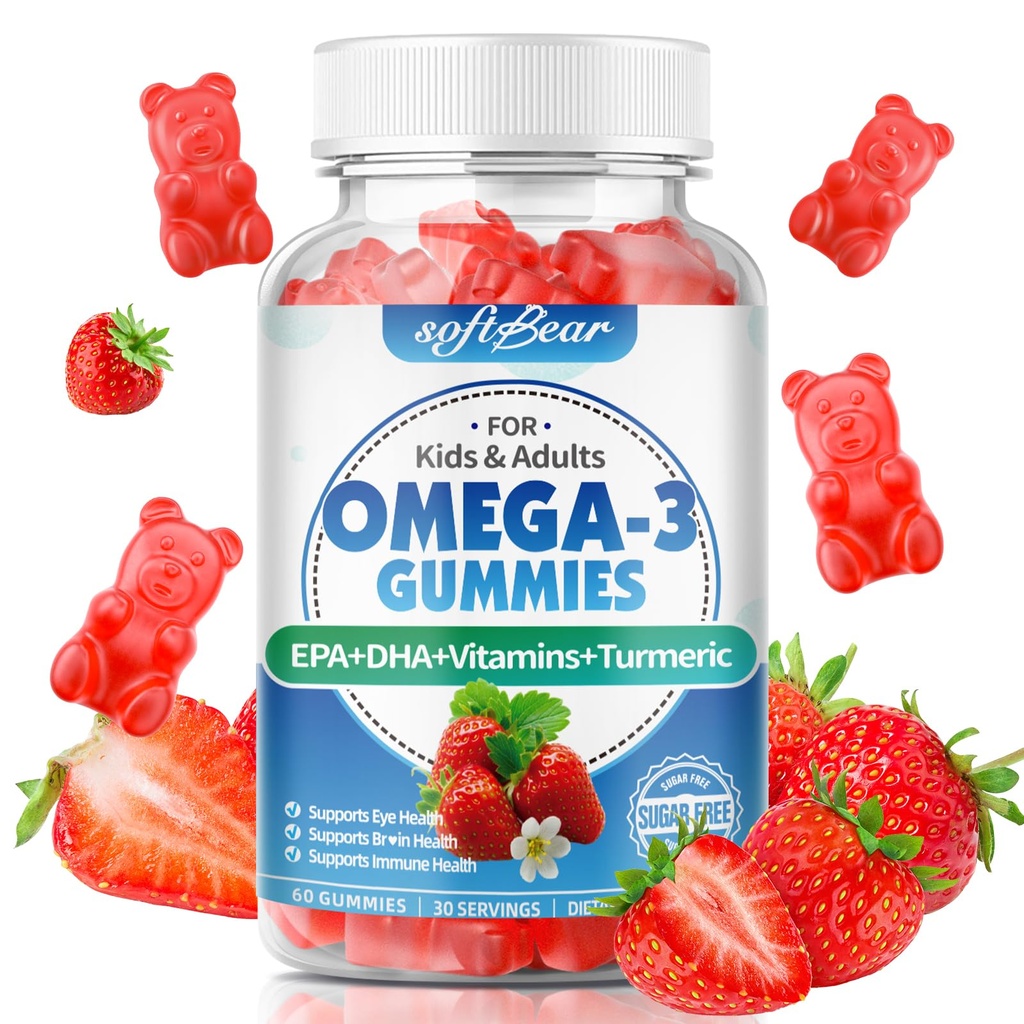 Kadın ve Erkekler ve Çocuklar Omega 3 Supplements 1200 mg Vegan Omega 3 Fatty Asits DHA EPA Vitaminleri Destek Göz ve Beyin Sağlığı, Sugar Free, Strawberry Flavor 60 Count