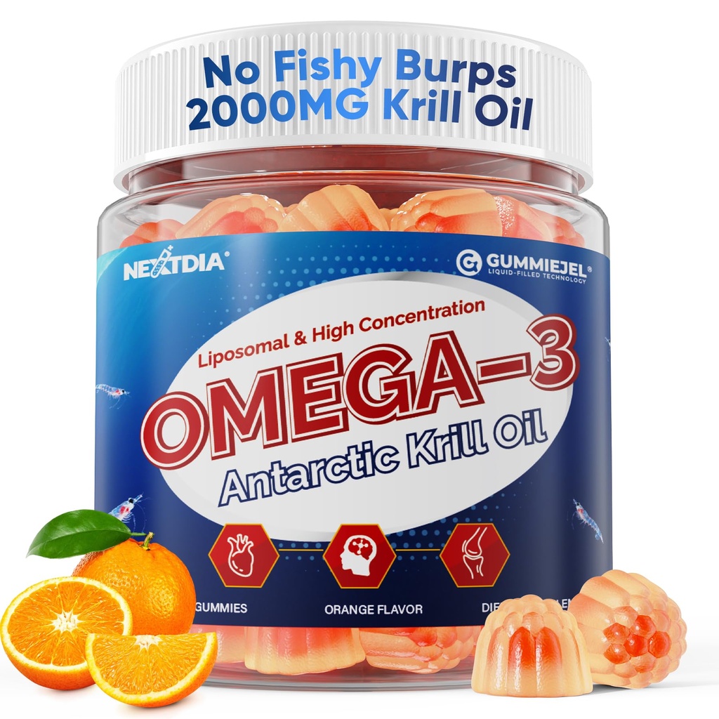 Liposomal Antarctic Krill Oil Omega 3 Gummies 2000mg - Cellular Level Absorption Omega-3 with EPA, DHA & Astaxanthin - Antioxidant & Brain Support - Fish Oil Supplements Alternative - 60 Count