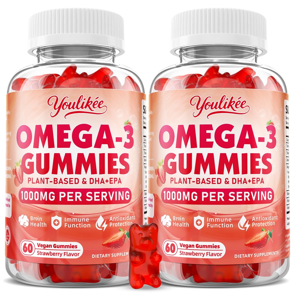 2 Pack Vegan Omega-3 Gummies 1000 mg, Omega 3 Fish Oil Alternative for Yetişkinler, Plantive DHA 460 mg & EPA 230mg w/Vitamin A, C, E, Strawberry Flavor, 120 Count