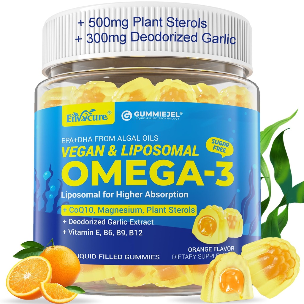 Vegan Omega-3 Gummies 1000 mg +CoQ10+Magnesium- EPA 600 mg & DHA 400 mg, Fish Oil Omega 3 Supplements Alternative for Women Men Yetişkinler- Liposomal Form -Algae- Plant Sterols, B,B6,B9, B12, Sugar Free
