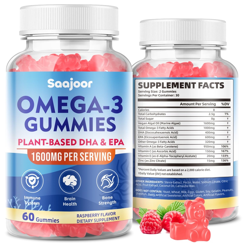 Vegan Omega-3 Gummies1000 mg for Yetişkinler - Sugar Free Supplement with 400 mg DHA & 600 mg EPA, Vitaminler A, C, E, ve çinko - 60