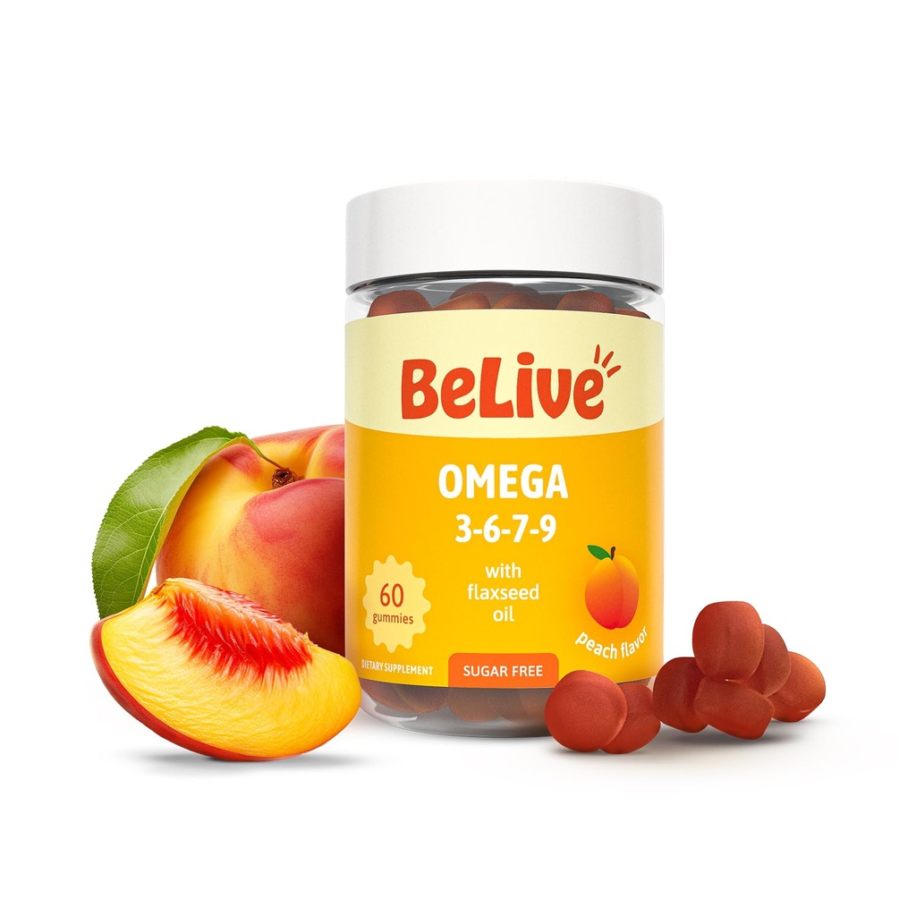 Canlı Organik Omega 3 Gummies - 60 Ct I Vegan Omegas 3 6 7 & 9 Flaxseed Oil & Sea Buckthorn Fruit Oil, for Kids & Yetişkinler, Full Body, Brain & Eye Support, Sugar Free – Peach Flavor