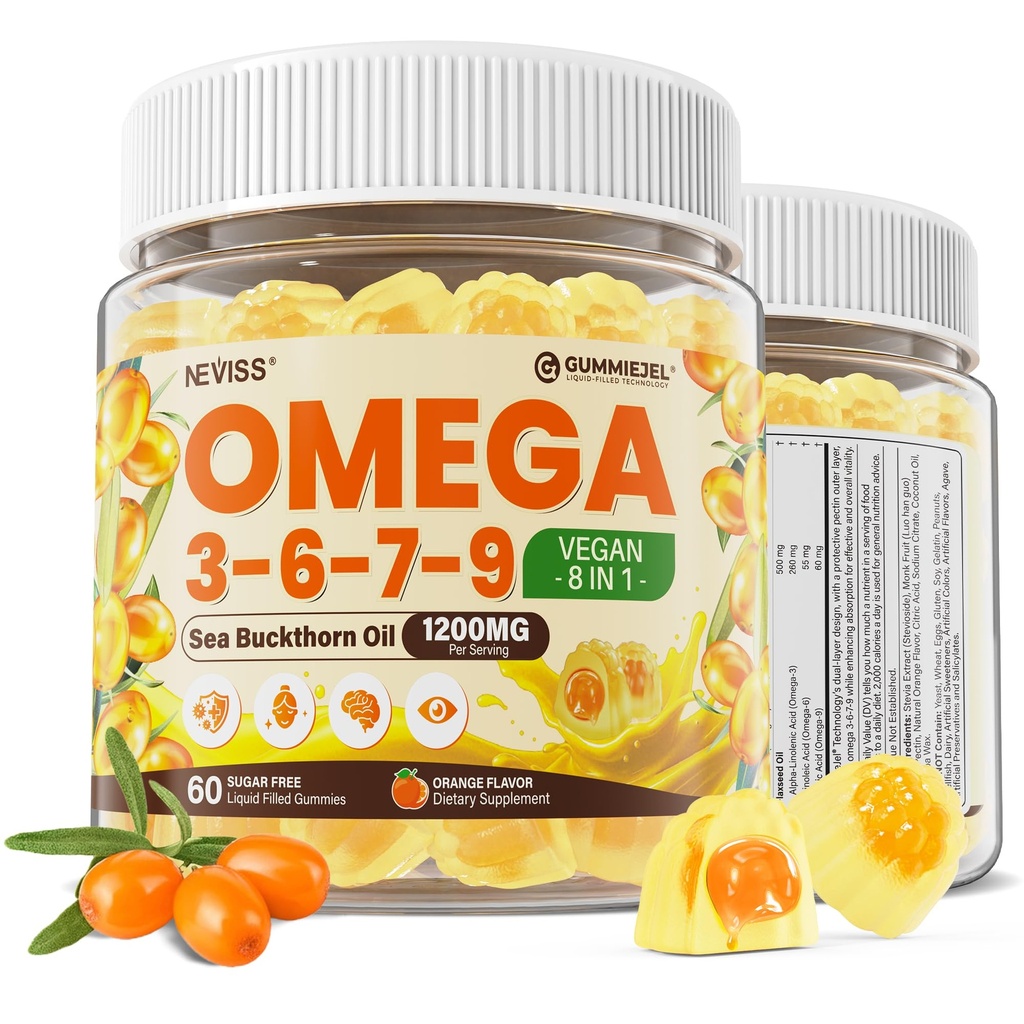 Omega 3-6-7-9 Gummies, Organik Sea Buckthorn Oil 1200MG & Flaxseed Oil 500MG, Vegan Omega 7 Supplement w/Vitamin A, C, E, Fatty Acids, No Fish Taste, Supports Skin, Eye, Immune, Brain Health, 60 Cts