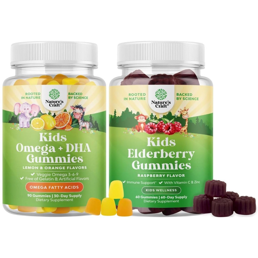 Bundle of Kids DHA Omega 3 Gummies - Fish Free with Vegetarian 6 9 for Vision Brain & Immunity and Sambucus Elderberry Gummies for Kids - Black Elderberry with Zinc & Vitamin C for Immune Support