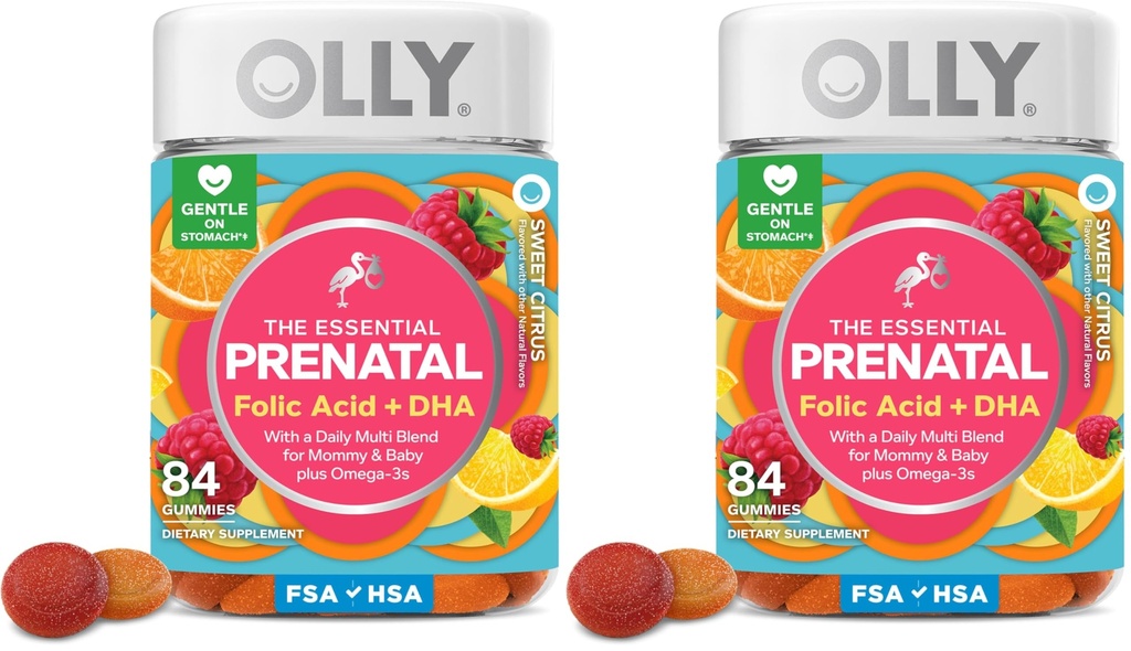 OLLY Essential Prenatal Gummy Multivitamin,Folic Acid,Vitamin D,Omega 3 DHA,Supports Healthy Growth and Brain Development,Citrus Berry -,84 Count (Pack of 2)