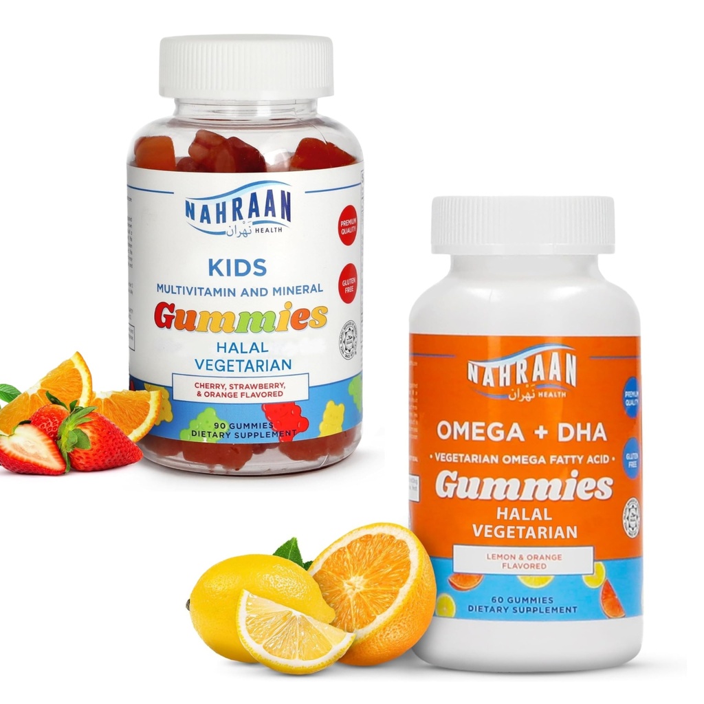 Halal Multivitamins for Kids (90 Count) & Halal Omega 3 Gummies for Adults & Kids (60 Count) - Non-GMO, Vegetarian, Gluten Free Halal Gummies