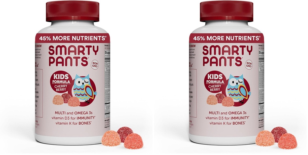 SmartyPants Kids Multivitamin Gummies: Omega 3 Fish Oil (EPA/DHA), Vitamin D3, C, Vitamin B12, B6, A, K & Zinc for Immune Support, Biotin, Grape, Cherry & Berry Flavors, 120 Count (30 Day Supply)