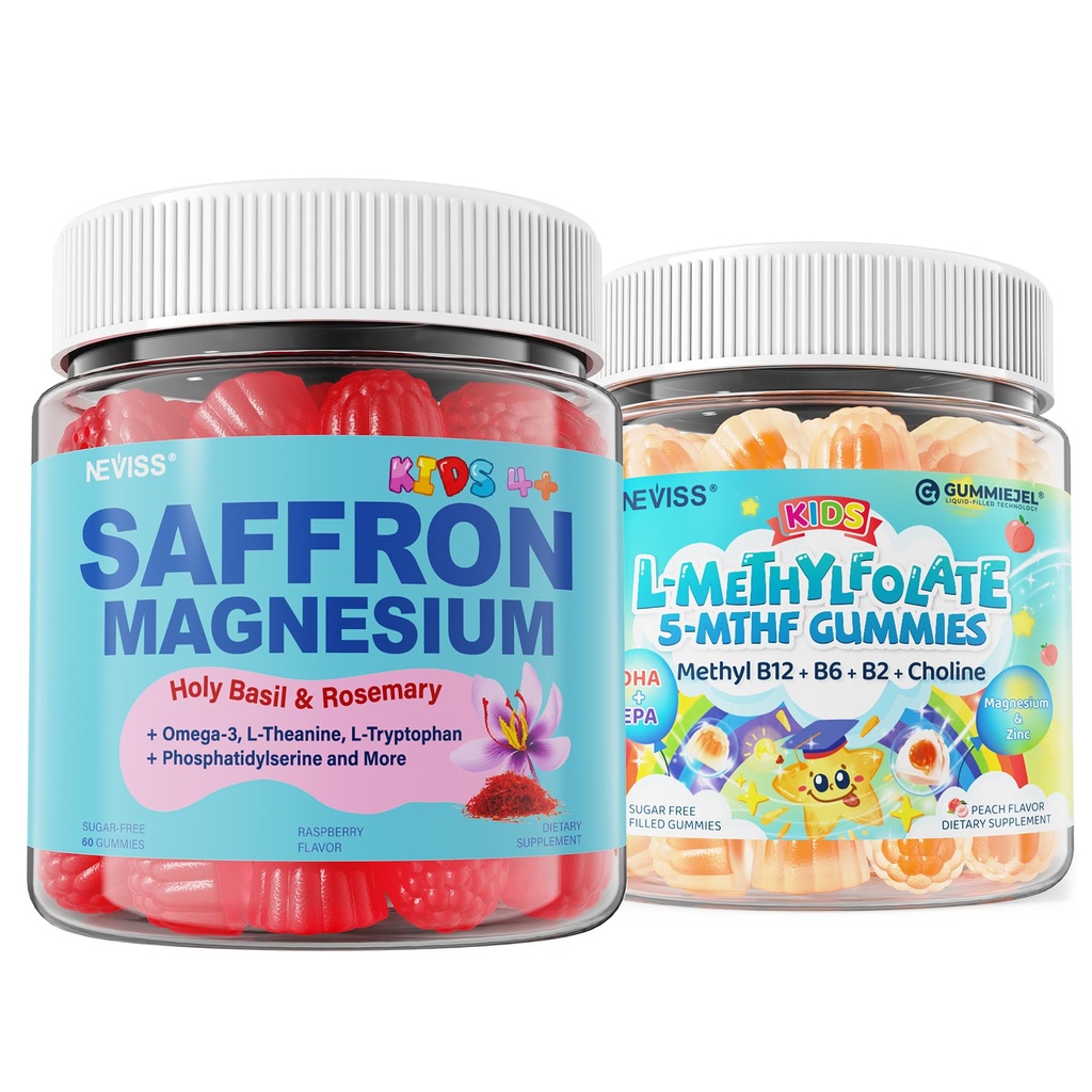 Saffron + Magnesium Glycinate+ Omega-3 - Calm Focus Gummies + Kids L-Methylfolate Gummies, Active 5-MTHF + Methyl B12, Vitamin B6, B2, Choline, Vegan Omega 3 DHA & EPA, Methylated Multivitamin