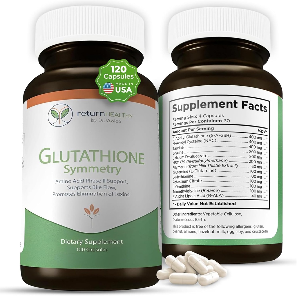 Glutathione Symmetry | S-Acetyl Glutathione Supplement | Antioksis & Detoxification Supplement | Natural Cellular Support | All- Natural, Vegan, Non-GMO, 120 caps