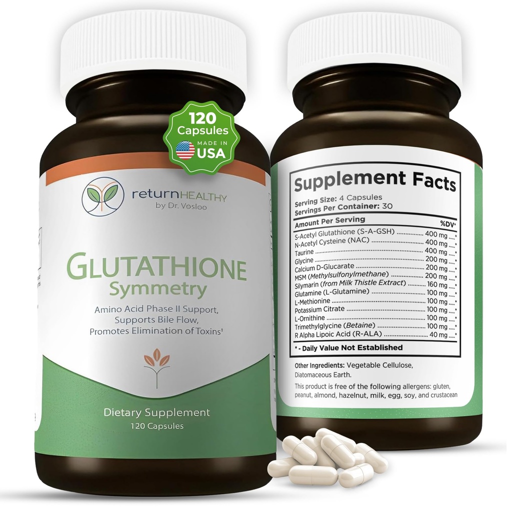 Glutathione Symmetry | S-Acetyl Glutathione Supplement | Antioksis & Detoxification Supplement | Natural Cellular Support | All- Natural, Vegan, Non-GMO, 120 caps