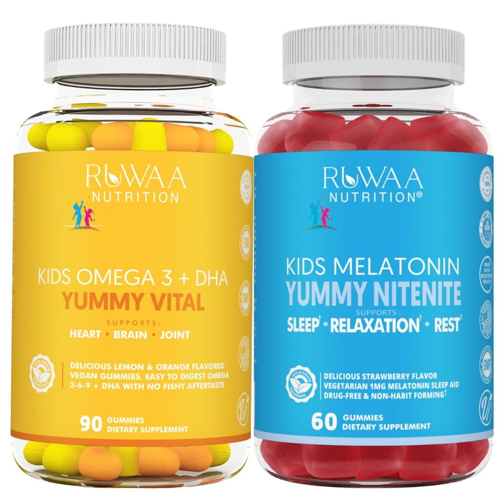 RUWAA NUTRITION Omega 3 Gummies, DHA Gummies ve 1mg Melatonin Gummies | No Fish, No After-Taste, Non-Habit Form, Gluten Free, Non-GMO, Made in USA.