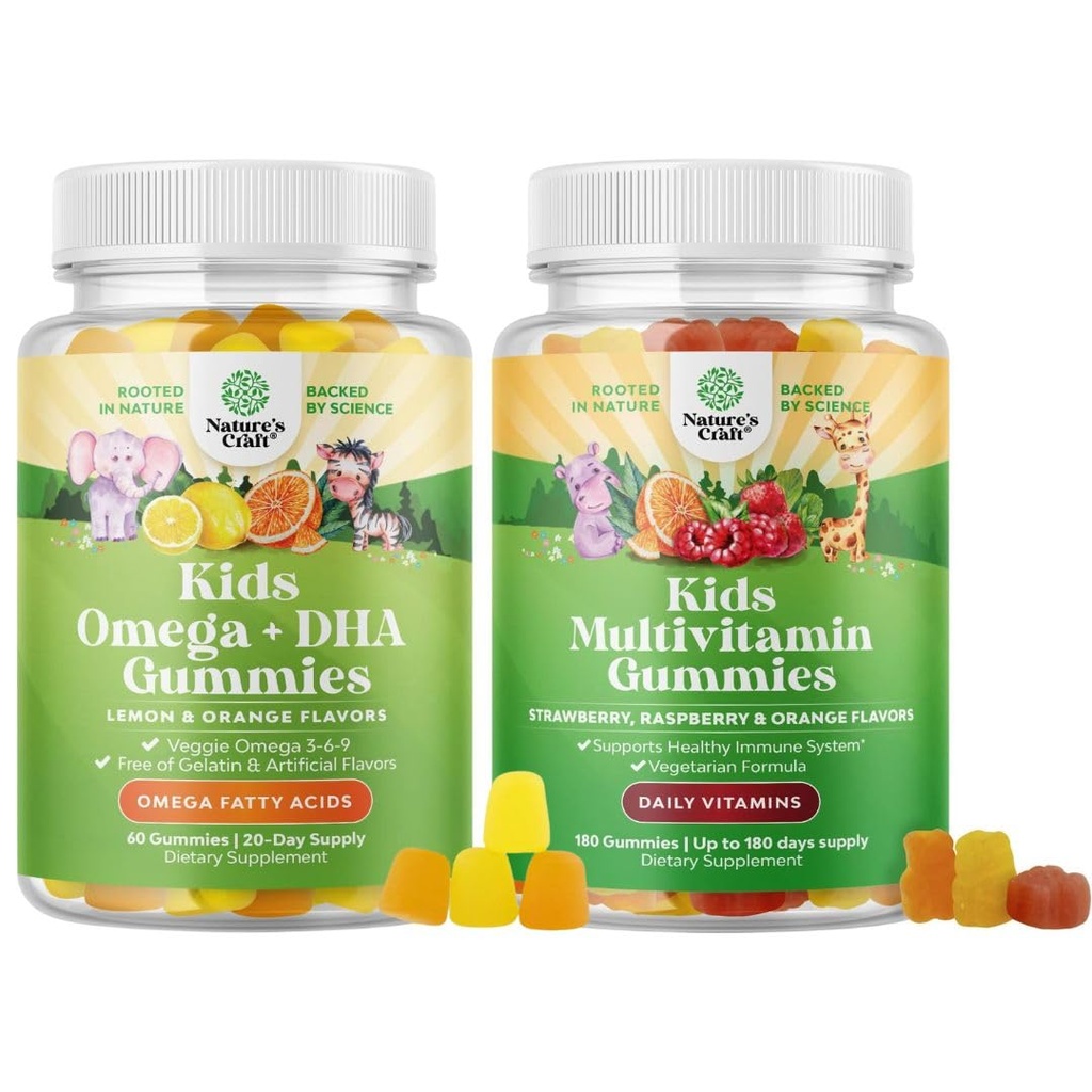 Bundle of Kids DHA Omega 3 Gummies - Fatty Acids Omega 3 6 9 for Brain, Immune Strength & Vision and Plant Based Kids Multivitamin Gummies with Vitamins A C D3 E B and Zinc for Immunity Support