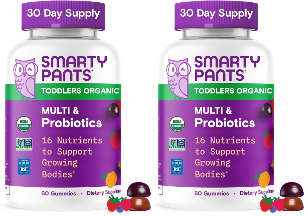 SmartyPants Organic Toddler Multivitamin Gummies: Probiotics,Omega 3 (ALA),Vitamin D3,C,Vitamin B12,B6,A,K&Zinc,Beta Carotene,Gluten Free,Three Fruit Flavors, (30 Day Supply),60 Count (Pack of 2)