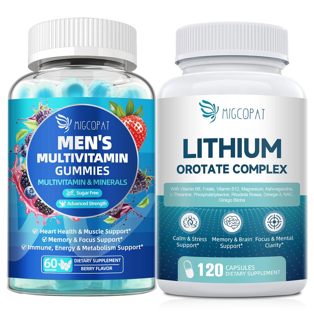 Migcopat Men's Multivitamin Gummies & Lityum Orotate Kompleksi, Omega-3, Magnezyum
