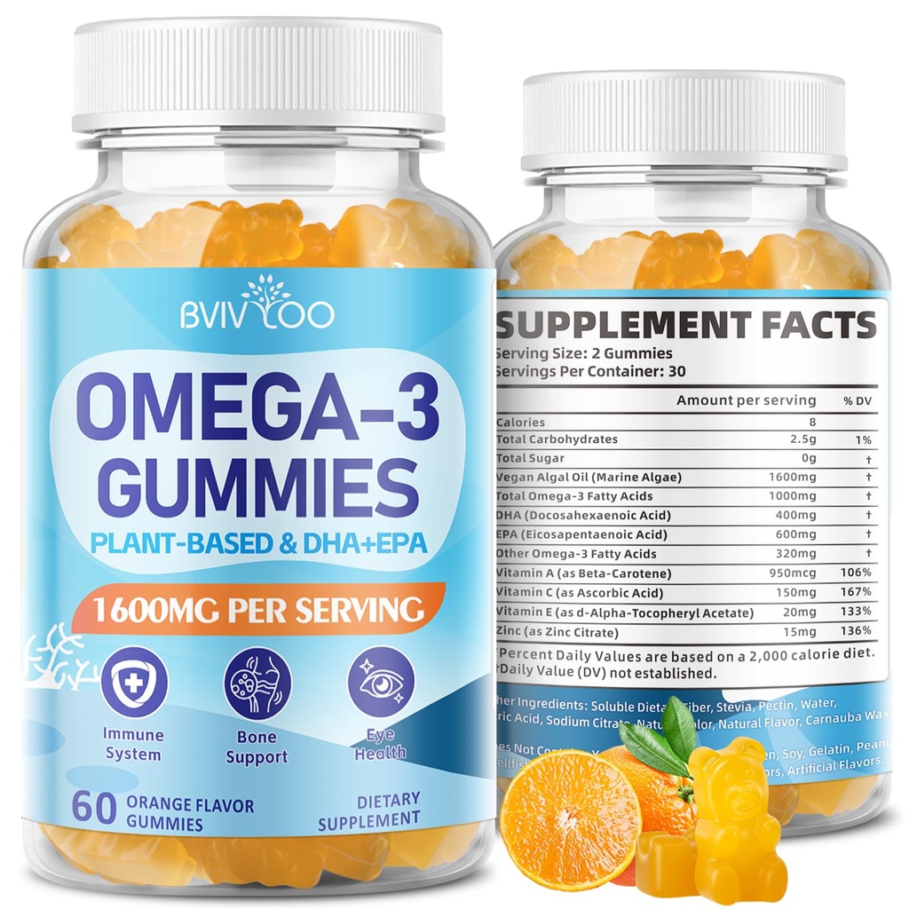 Vegan Omega-3 Gummies - 600 mg EPA & 400 mg DHA ile 1600 mg. Yüksek Aborpsiyon Formula. Delicious Orange Flavor - 60 Gummies