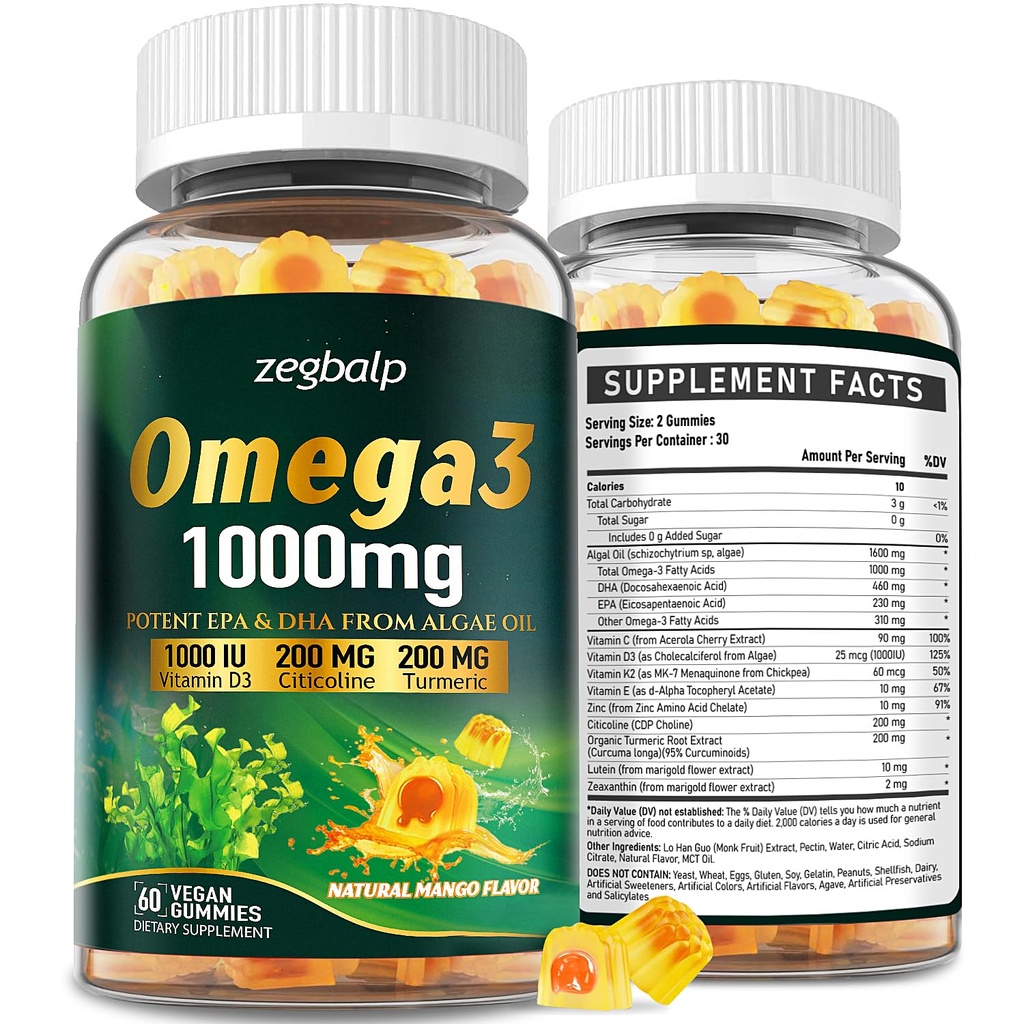Omega-3 Supplement Gummies for Women & Men - 1000mg Vegan Omega3 DHA & EPA with Turmeric, Vitamin D3, K2, Citicoline for Overall Health - Algae Oil Omega 3 Fatty Acid Supplements, Sugar-Free