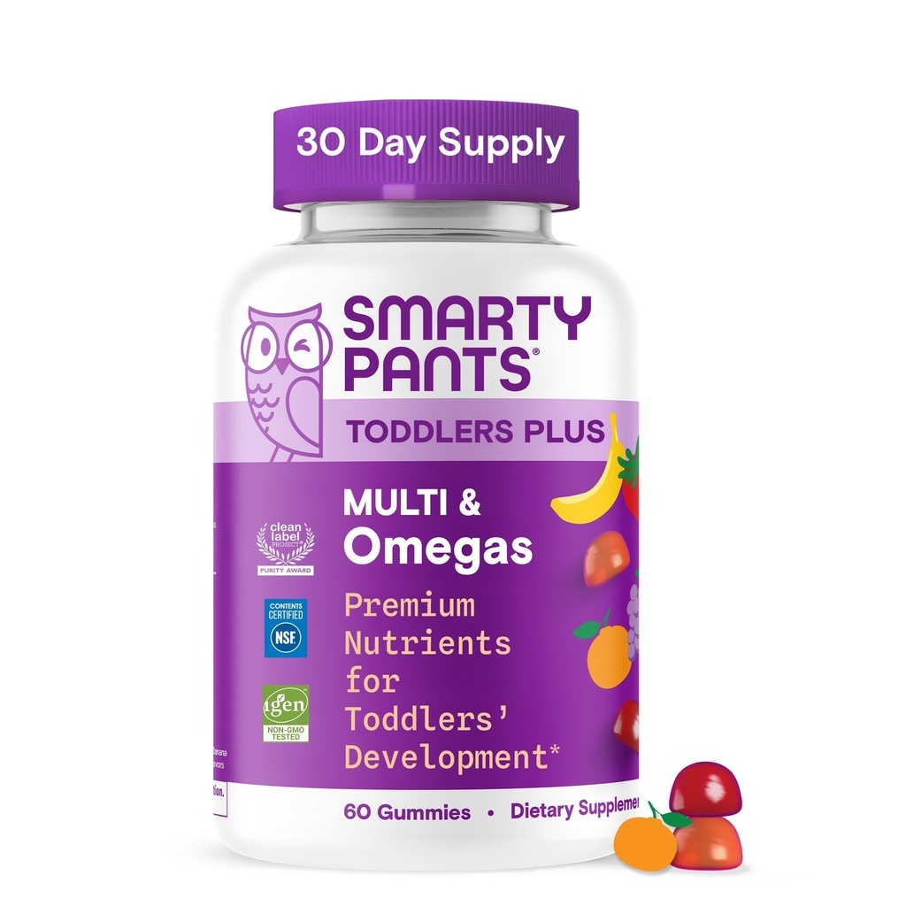 SmartyPants Toddler Multivitamin Gummies, Omega 3 (DHA/EPA), Vitaminler D3, C, B12, B6, A, K & çinko, Biotin, Gluten Free, Three Fruit Flavors, 60 Count (30 Day Supply)