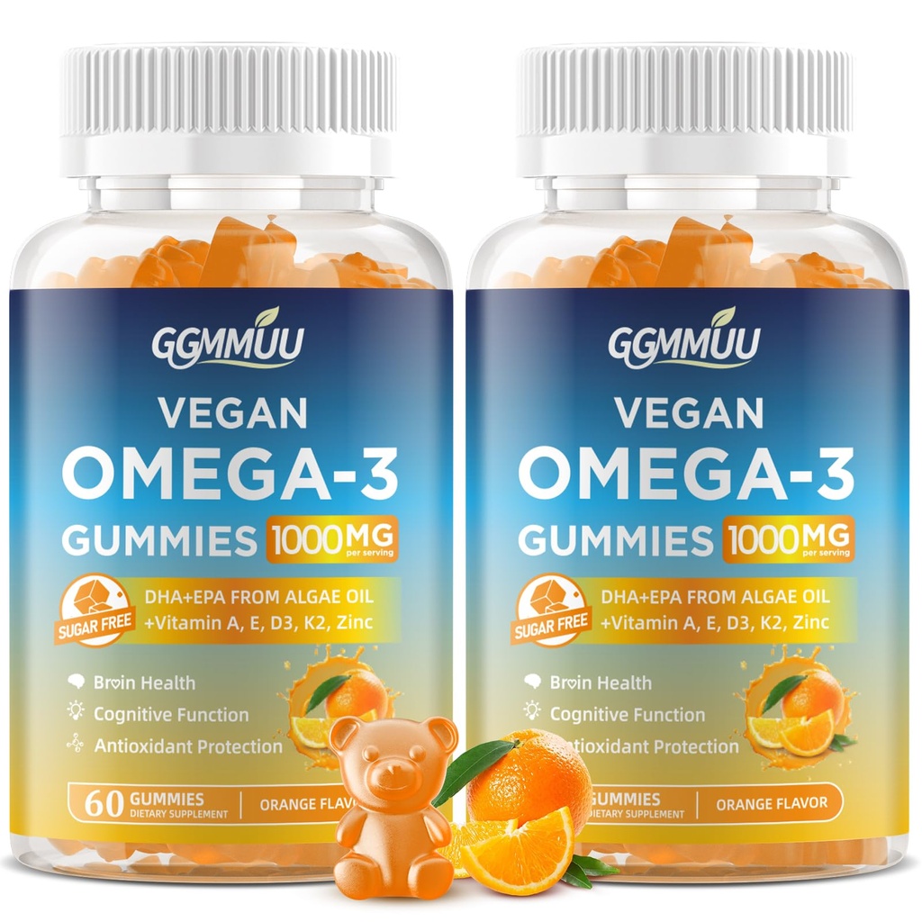 2 Pack Vegan Omega 3 Gummies 1000MG Algae DHA 600 mg & EPA 300 mg Fish Oil Alternatif - Eye & Immune Health için, Orange Flavor, 120 Kont