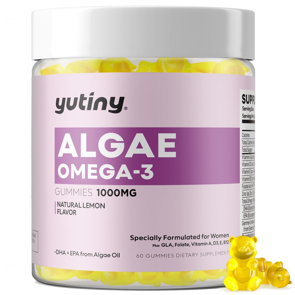 Vegan Omega 3 Kadınlar için Gummies, Algae Omega 3 1000 mg Supplement with DHA, EPA, GLA, A, E, B12, Folate, Skin & Brain Health, Sugar Free, 60 Count