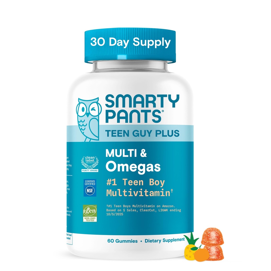 SmartyPants Teen Guy Plus Multi & Omegas Multivitamin Gummies with Omega 3 DHA/EPA, Vitamins D3, C, B12, B6, A, K, çinko, Folate, Gluten Free, Clean Label, Pineapple Orange, 60 Gummies (30 Day Supply)