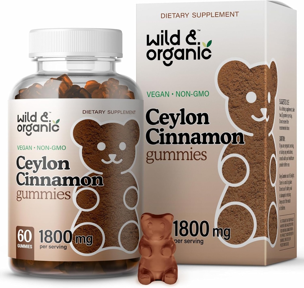 Wild & Organic Ceylon Cinnamon Gummies 1800 mg - Antioksis Destek w/Cinnamon, Turmeric Root, Ginger - 60 Vegan, Non-GMO Chews
