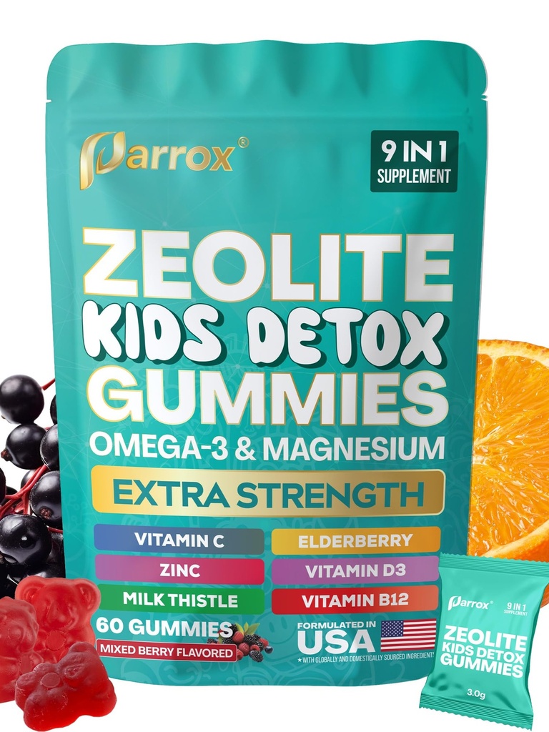 Zeolite Kids Gummies, 9-in-1 with Zeolite, Omega-3, Magnezyum, Elderberry, C, Milk Butle, Vitamin D3, çinko, B12 - Sugar-Free (60 Gummies – karma Flavor)