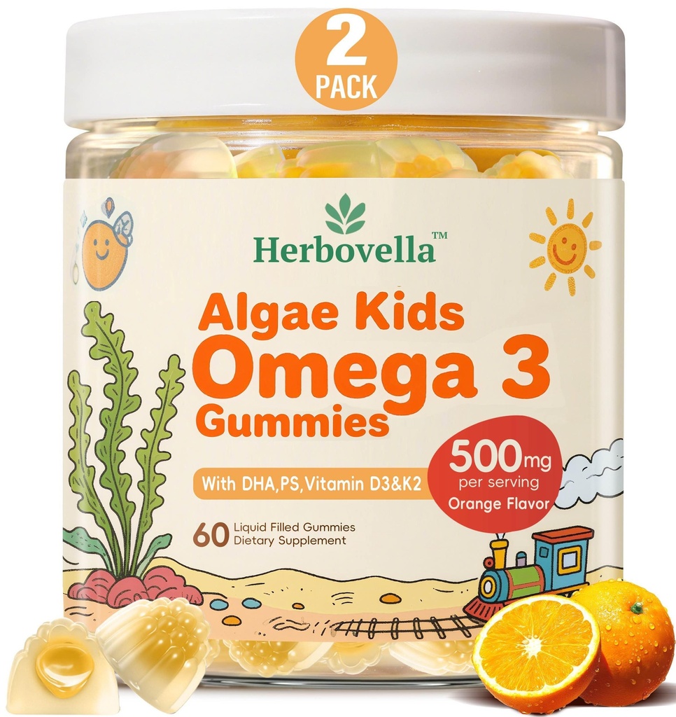 Çocuklar Omega 3 Gummies 2 Pack, Vegan Algae DHA 420mg ile PS, Vitamin D3 K2, Sugar Free, No Fish Oil, Brain & Focus Support for Kids, 120 Gummies