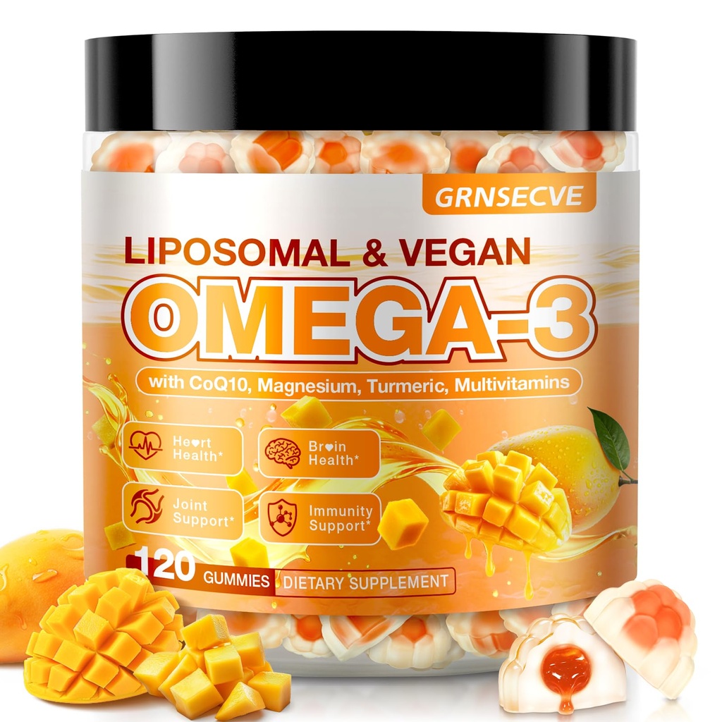 Vegan Omega-3 Gummies - Fish Oil Omega 3 Supplements Alternative for Adults - Algae DHA 600mg & EPA 400mg, Vitamin D3 K2 - No Fish Taste - for Brain, Eye, Immune Support - Sugar Free,120 Count