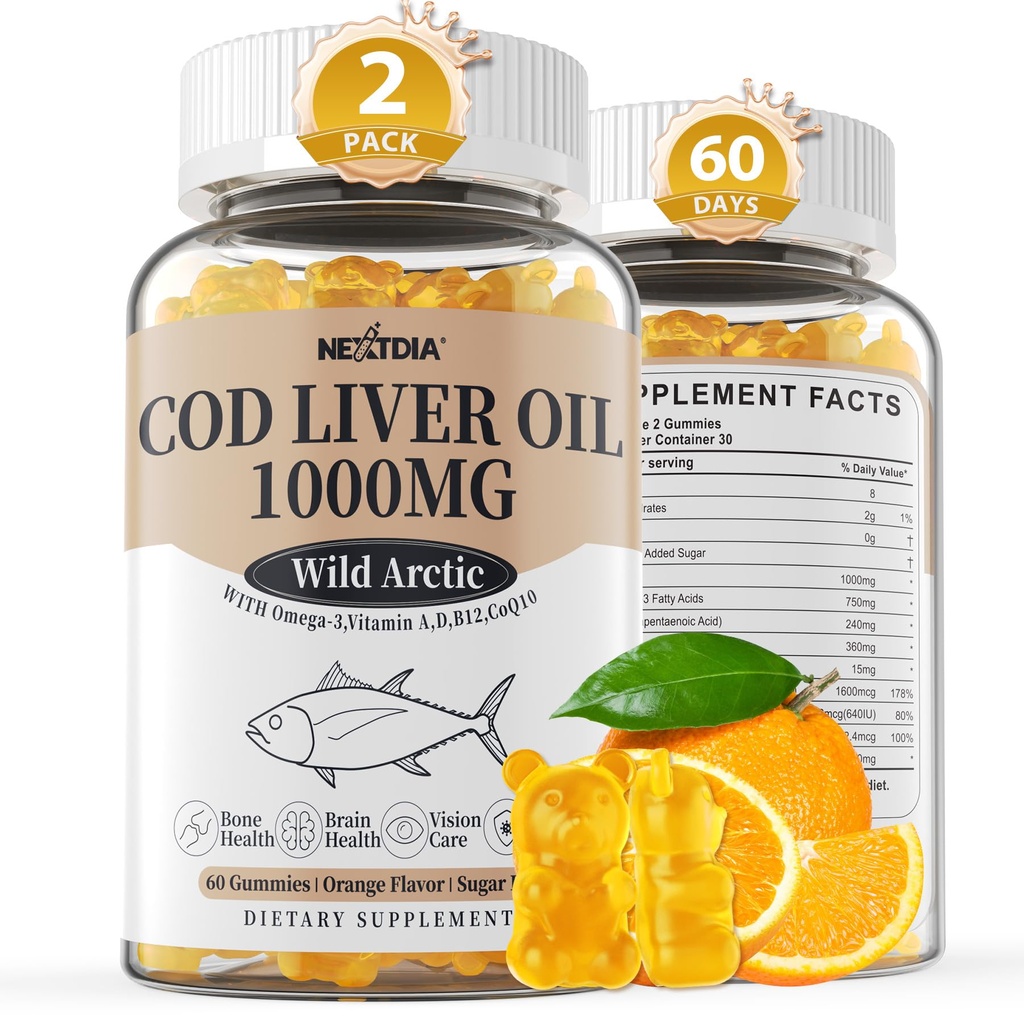 Yetişkinler ve Çocuklar için Cod Liver Oil 1000 mg Gummies, A & D3 - Omega 3 Fish Oil Supplement - DHA 360 mg & EPA 240 mg for Brain, Bone, Eye & Immune Health, Sugar Free, 120 Count