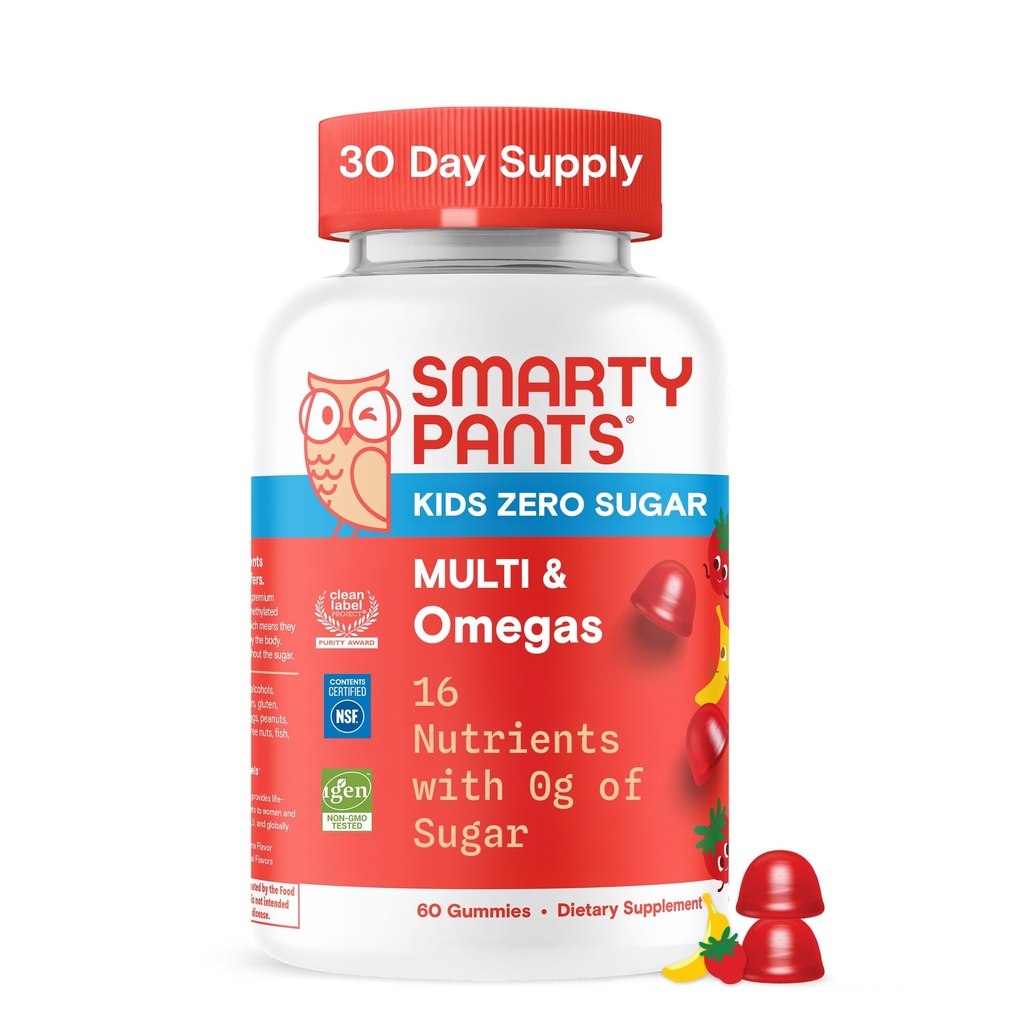 SmartyPants Kids Zero Sugar Multivitamin Gummies: Omega-3, Vitaminler D, C, A, Plant-Based, Gluten Free, Strawberry Banana Flavor, 60 Count (30 Day Supply)