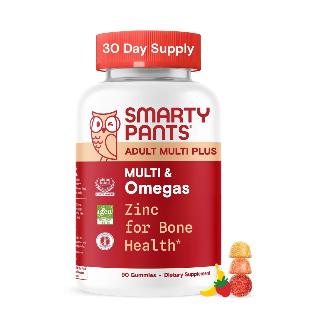 SmartyPants Multivitamin for Men & Women, Multivitamin Gummies with Omega 3 (DHA/EPA), Vitamin D3, C, B12, B6, A, K & çinko, Biotin, Gluten Free, 90 Count (30 Day Supply)