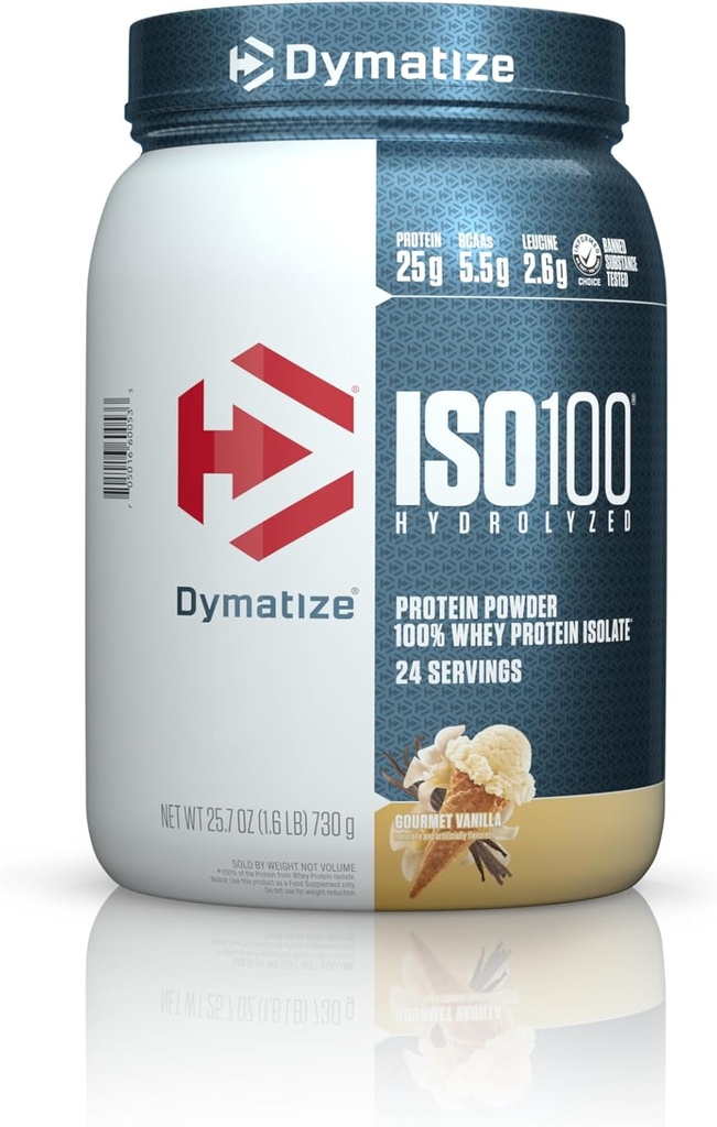 Dymatize ISO100 Hydrolyzed Protein Powder, 100% Whey Isolate Protein, 25g Protein, 5.5g BCAAs, Χωρίς γλουτένη, γρήγορη απορρόφηση, εύκολο ξύρισμα, Gourmet Vanilla (24 μερίδες)